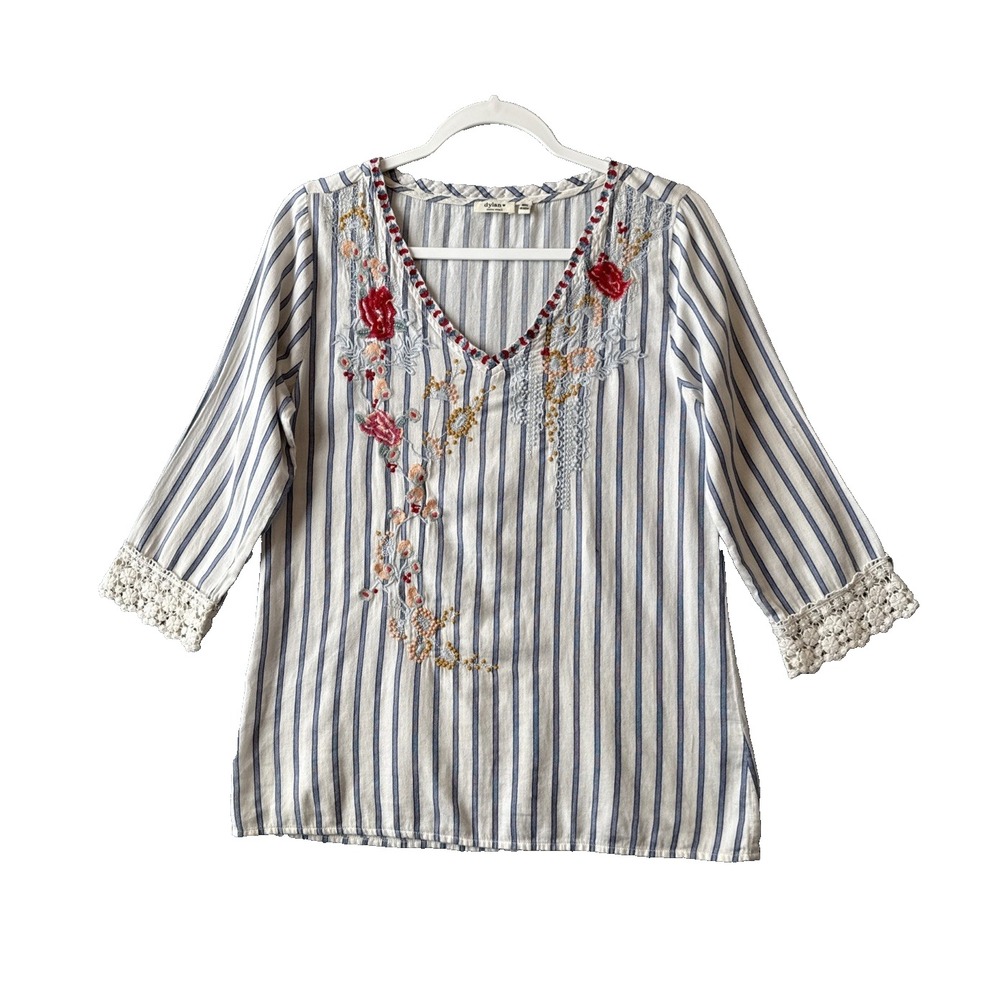 Dylan Top XS Cotton Striped Embroidered V Neck Crochet Trim Boho Peasant Blouse